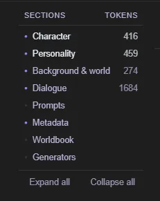 The card editor's section rail listing Character, Personality, Background and world, Dialogue, Prompts, Metadata, Lorebook and Generators, with a token count beside each.