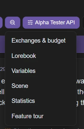 The Session info hover menu listing Exchanges and budget, Lorebook, Variables, Scene, Statistics and Feature tour.