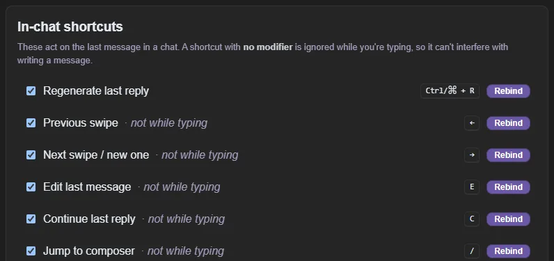 Settings → Shortcuts, listing the in-chat shortcuts with checkboxes, their current keys, and a Rebind button for each.